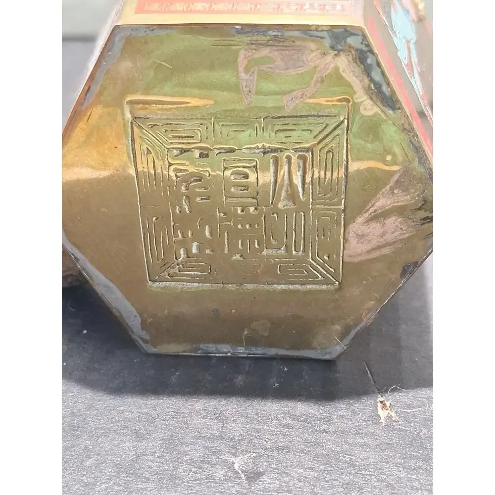 1950s Chinese Hexagonal Brass Teapot Enamel Figures No Taiwan Export Mark!